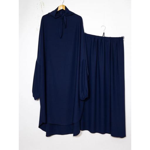 CONJUNTO DE JILBAB CON FALDA DE SEDA DE MEDINA AZUL MARINO  [0]