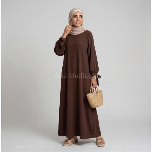 ABAYA MARRON OSCURO SEDA MEDINA CON PUÑOS PARA HACER NUDO UNITALLA