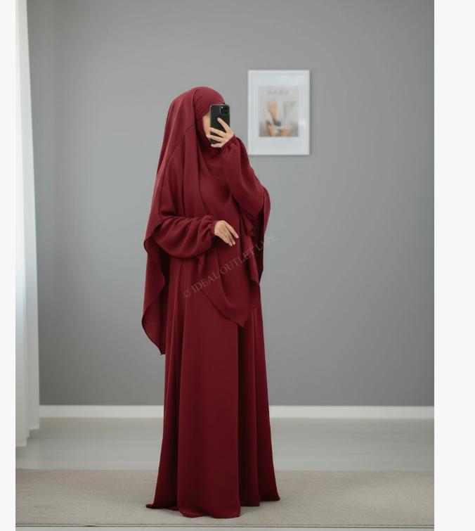 CONJUNTO 2 PIEZAS ABAYA VOLANTES EN TELA JAZZ + KHIMAR EN TELA JAZZ BURDEOS