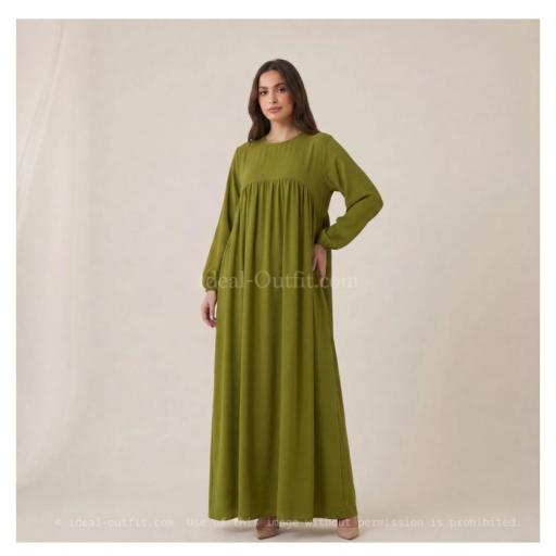 ABAYA LARGA Y ANCHA DE TELA JAZZ CON VOLANTE COLOR VERDE ACEITUNA UNITALLA