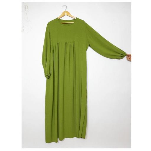 ABAYA LARGA Y ANCHA DE TELA JAZZ CON VOLANTE COLOR VERDE ACEITUNA UNITALLA [1]