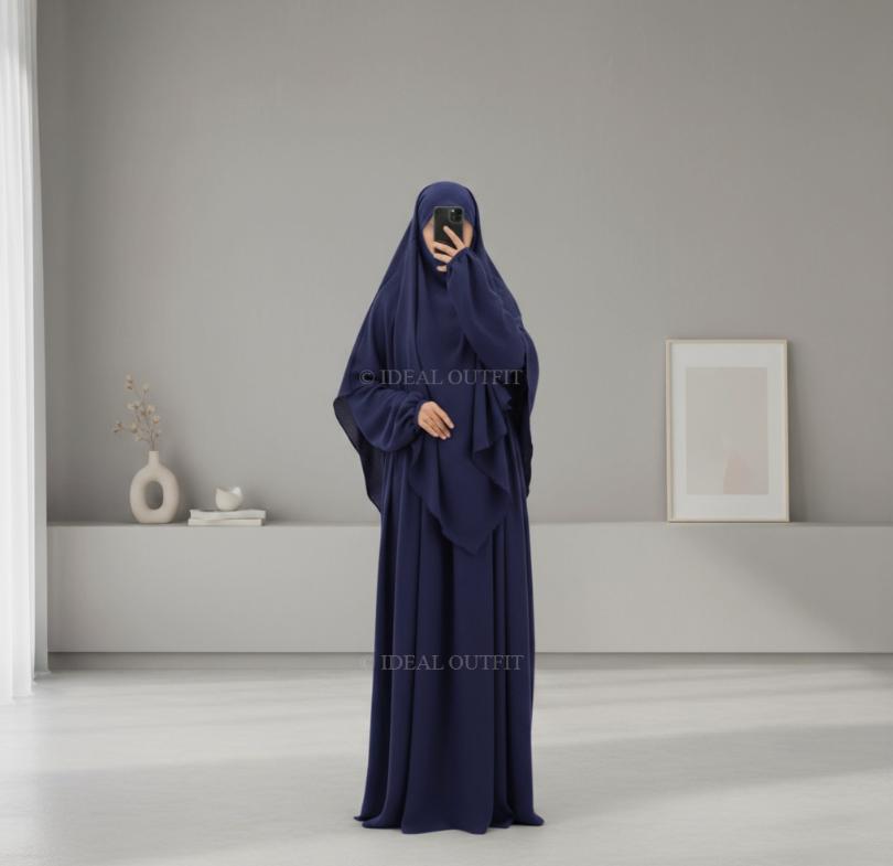 CONJUNTO 2 PIEZAS ABAYA VOLANTES EN TELA JAZZ + KHIMAR EN TELA JAZZ AZUL MARINO