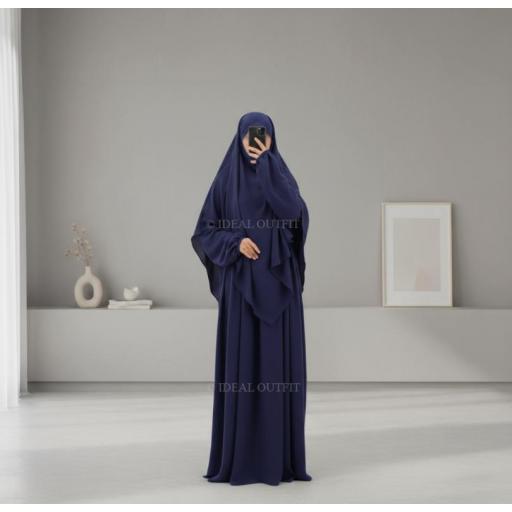 CONJUNTO 2 PIEZAS ABAYA VOLANTES EN TELA JAZZ + KHIMAR EN TELA JAZZ AZUL MARINO