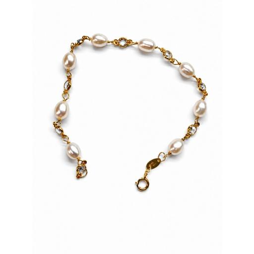 Pulsera oro 18K niña comunión con perlas ovaladas y circonitas