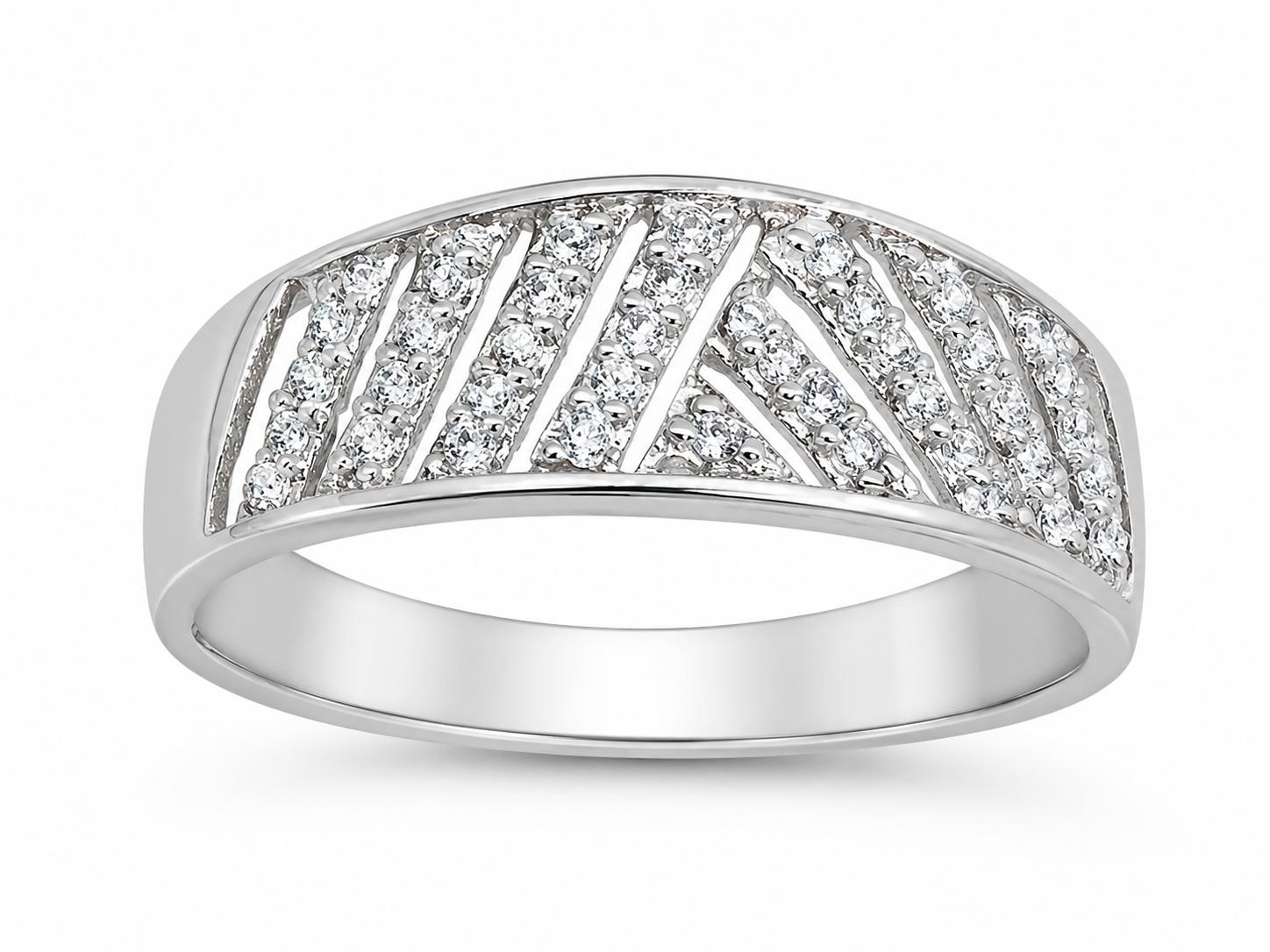Sortija ancha de oro blanco 18K con circonitas para mujer talla 14