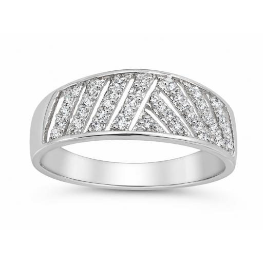 Sortija ancha de oro blanco 18K con circonitas para mujer talla 14