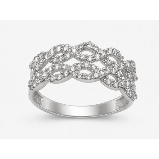 Sortija calada de oro blanco 18K con circonitas para mujer talla 13