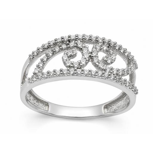 Sortija de oro blanco 18K con circonitas estilo corona talla 12