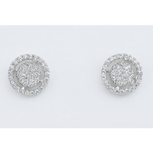 Pendientes cortos oro blanco 18K con circonitas y cierre de presión