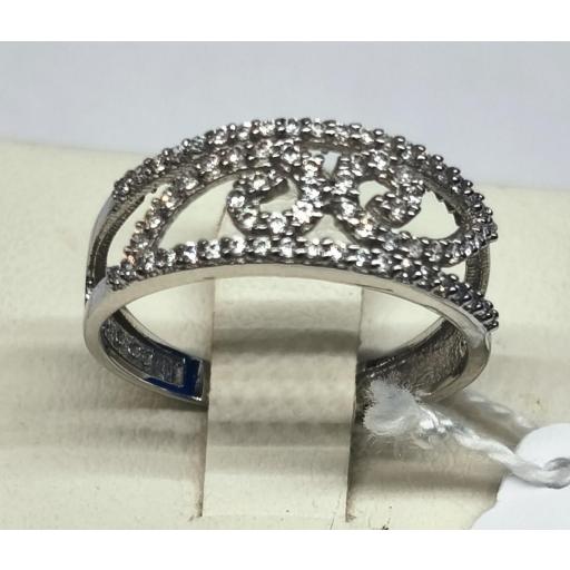 Sortija de oro blanco 18K con circonitas estilo corona talla 12
