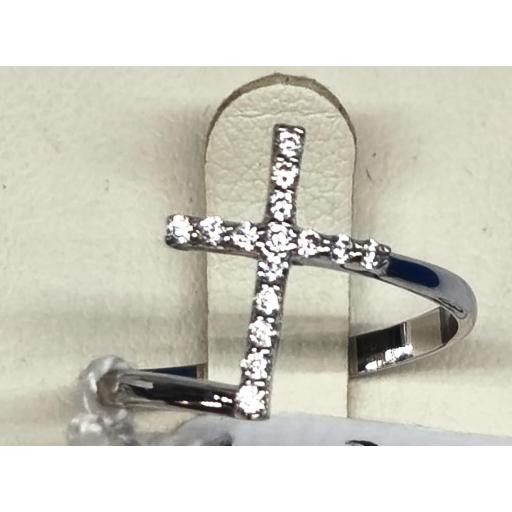 Sortija cruz oro blanco 18K con circonitas para mujer talla 14