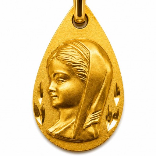 Medalla oro 18K Virgen Niña lagrima para comunion 13x20 mm