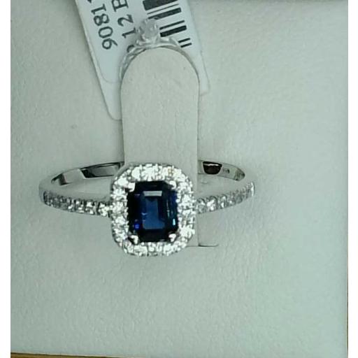 Anillo oro blanco 18K con zafiro azul y brillantes para mujer