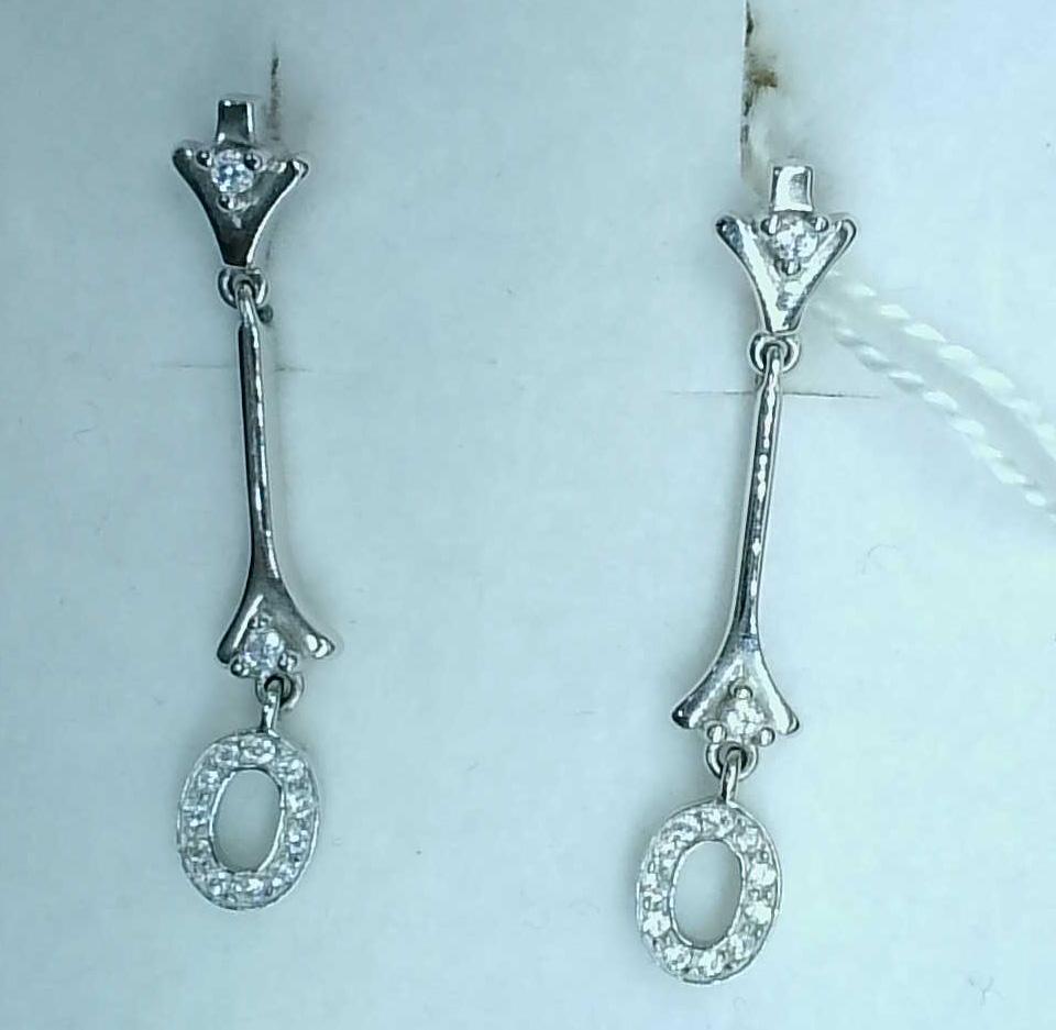 Pendientes largos novia oro blanco 18K con circonitas y barrita