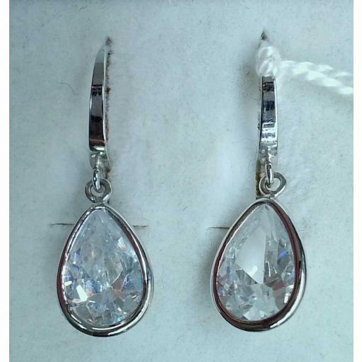 Pendientes largos oro blanco 18K con circonita lágrima y gancho [0]