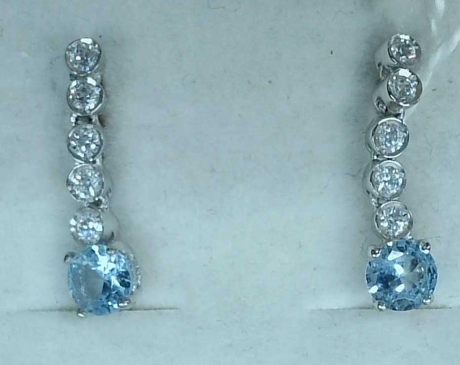 Pendientes oro blanco 18K con circonitas y piedra aguamarina