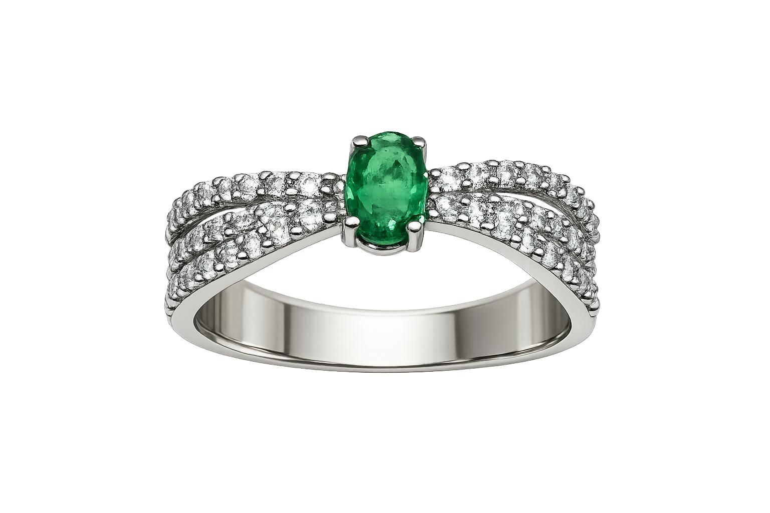 Sortija de oro blanco 18K con esmeralda y circonitas para mujer