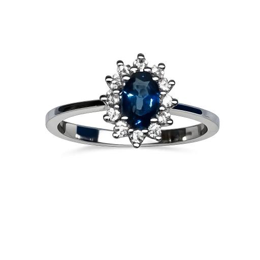 Anillo oro blanco 18K con zafiro azul y diamantes para mujer