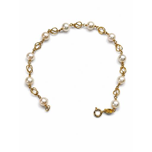 Pulsera oro 18K niña comunión con perlas y eslabones jaula