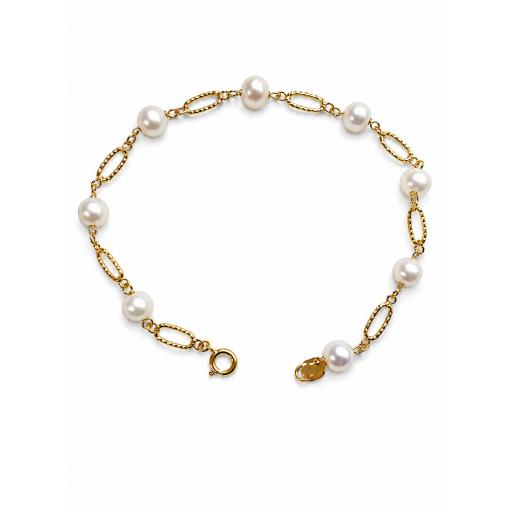 Pulsera oro 18K niña comunión con perlas de río y eslabones ovalados