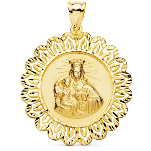 18K MEDALLA ORO AMARILLO VIRGEN DEL CARMEN CERCO FILIGRANA TALLADO 37X37 MM [0]