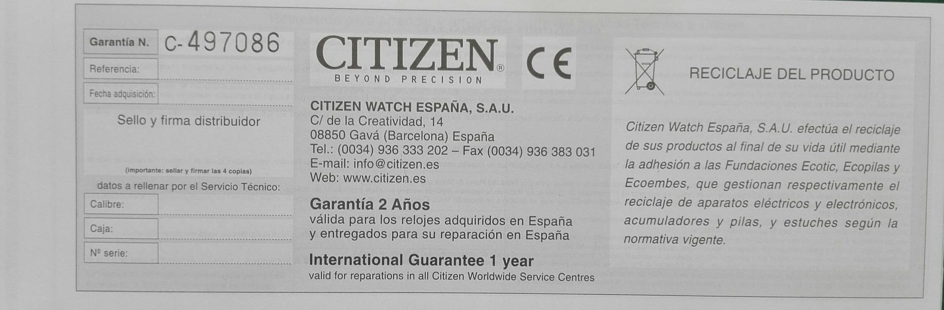 Garantía Citizen España por 2 años e internacional por 1 año