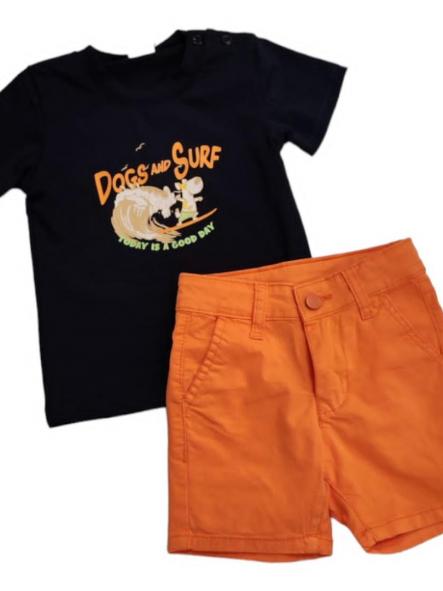 Conjunto camiseta marino y bermuda en tejido naranja