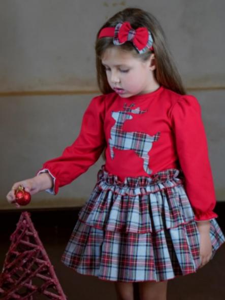 Vestido ciervo manga larga rojo con cuadros