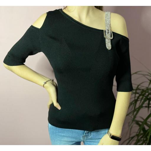Camiseta Canalé Hebilla Plata en Negro, Blanco y Beige [1]