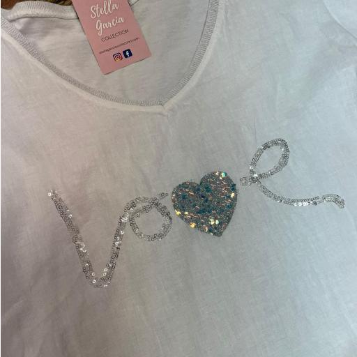 Camiseta Love en Lino en Verde, Blanco y Azul [0]