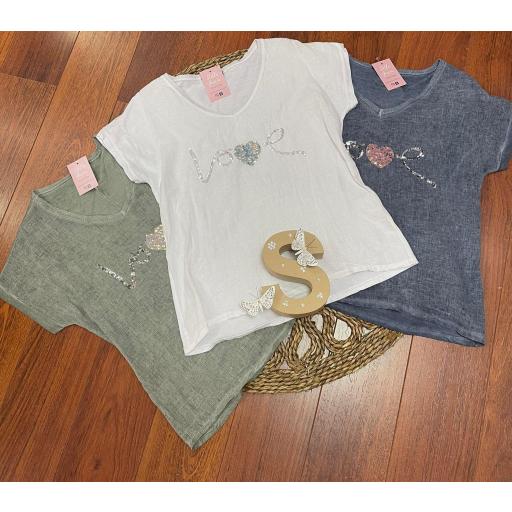 Camiseta Love en Lino en Verde, Blanco y Azul [1]