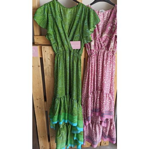Vestido Boho Manga Corta en Rosa y Verde [1]