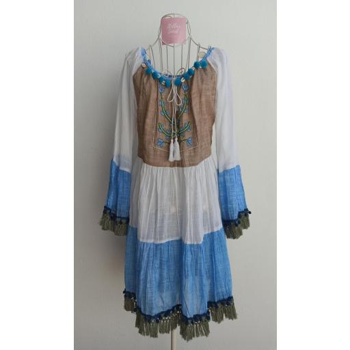 Vestido Boho Manga Larga en Azul y Beige [2]
