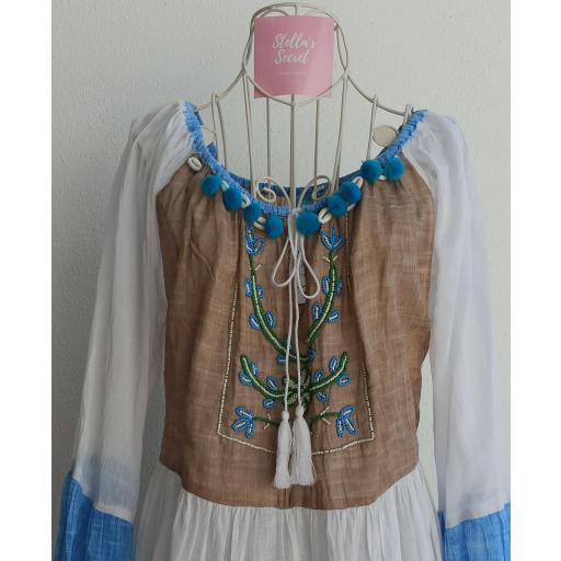 Vestido Boho Manga Larga en Azul y Beige [3]