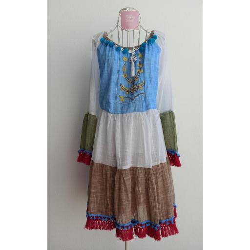 Vestido Boho Manga Larga en Azul y Beige [0]
