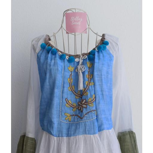 Vestido Boho Manga Larga en Azul y Beige [1]