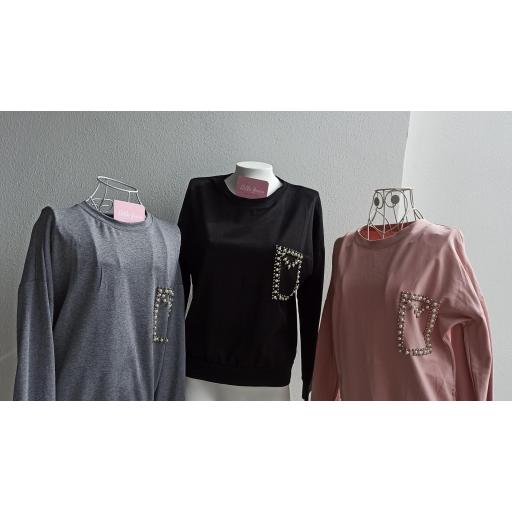 Sudadera Bolsillo Perlas en Negro  [0]
