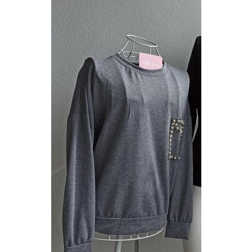 Sudadera Bolsillo Perlas en Negro  [2]