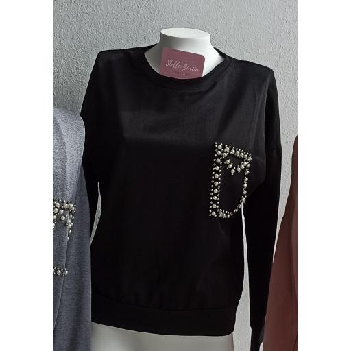 Sudadera Bolsillo Perlas en Negro  [3]