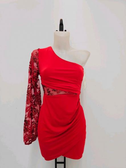 Vestido Manga | Vestido mini asimétrico con manga joya [1]