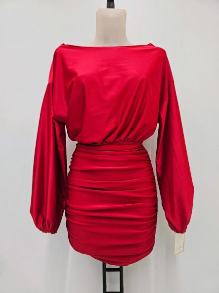 Vestido Licra Corto | Vestido drapeado satinado con manga globo [2]