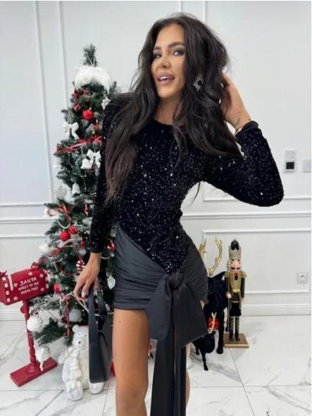 Vestido Noir Sirena | Vestido de lentejuelas con falda drapeada y lazo lateral