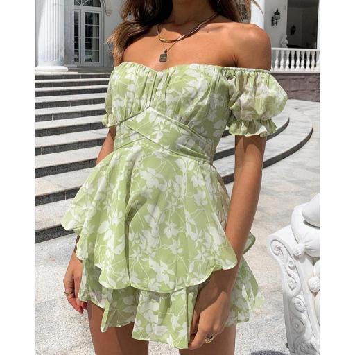 Mono Laura | Mono corto verde floral con volantes [0]