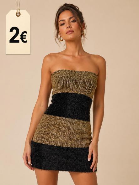 VESTIDO PALABRA DE HONOR DORADO Y PELOCHO NEGRO [0]