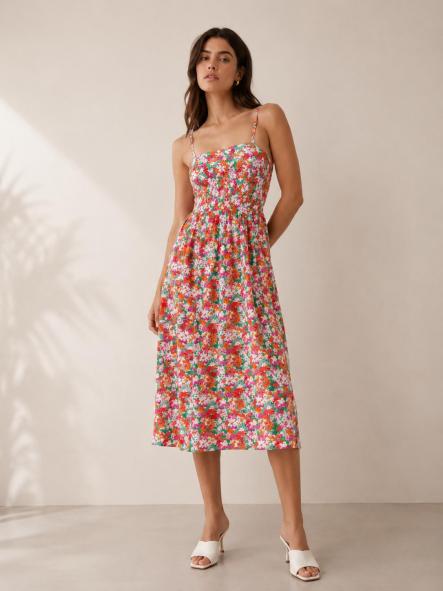 VESTIDO FLORES TONOS NARANJAS TIRANTES FINO BOTONES DORADOS