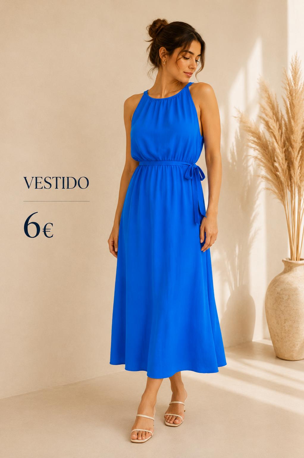 VESTIDO LARGO AZUL CON ABERTURA EN UN LADO MANGAS SISADAS