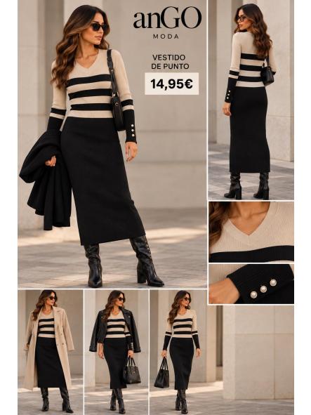 VESTIDO PUNTO RAYAS BEIG Y NEGRO [0]