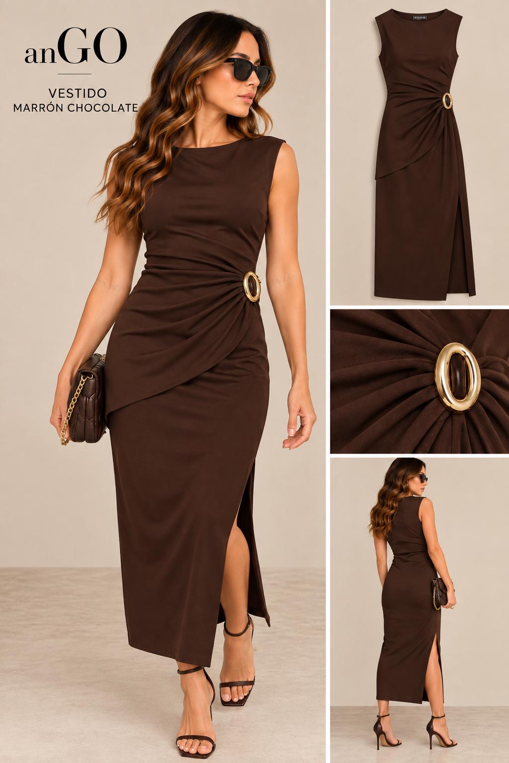 VESTIDO PUNTO MARRON CHOCOLATE EBILLA DORADA