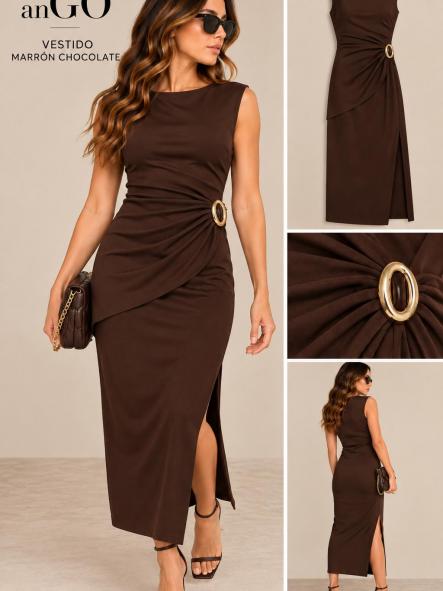 VESTIDO PUNTO MARRON CHOCOLATE EBILLA DORADA 