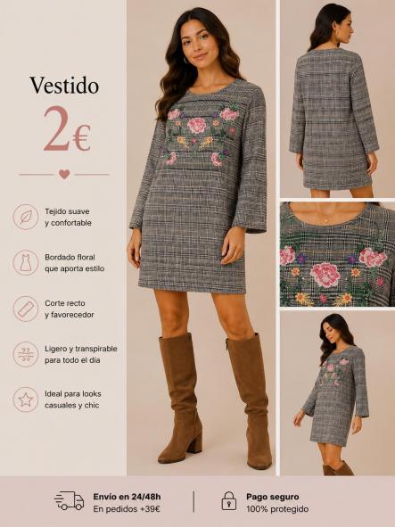 VESTIDO GRIS DE CUADROS Y FLORES [0]